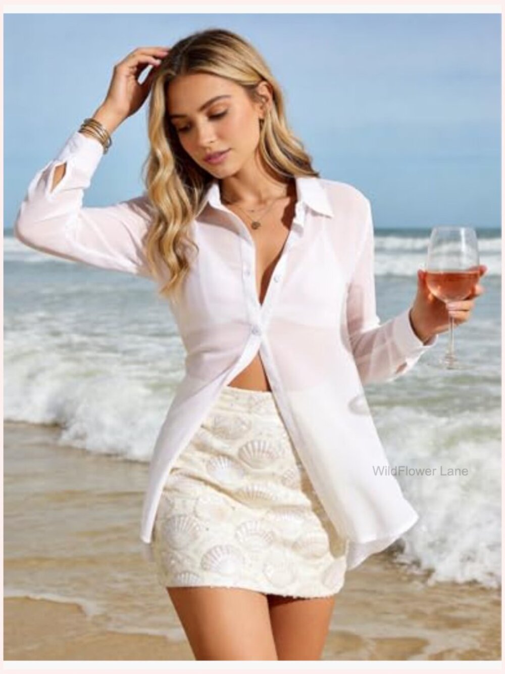 Sexy Sheer Long Sleeve Button Down Blouse Mesh Top - Picture 3 of 7